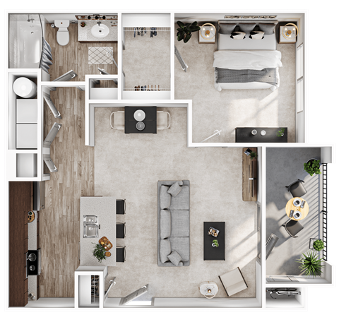 Floor plan for 1 bed, 1 bath, 725 sqft